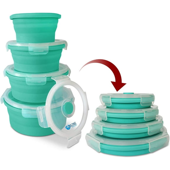 Amazing Containers 4 PC Collapsible Container Set, Round Silicone Food Storage Containers BPA Free, Freezer Safe