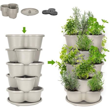 Amazing Creation Stackable Planter Vertical Garden for Growing Strawberries, Herbs, Flowers, Vegetables and Succulents, Indoor/Outdoor 5 Tier Gardening Tower (Off White)
