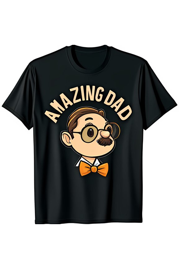 Amazing Dad Cartoon T-Shirt Black Tee with Mustached Man in Glasses & Bow Tie Father s Day