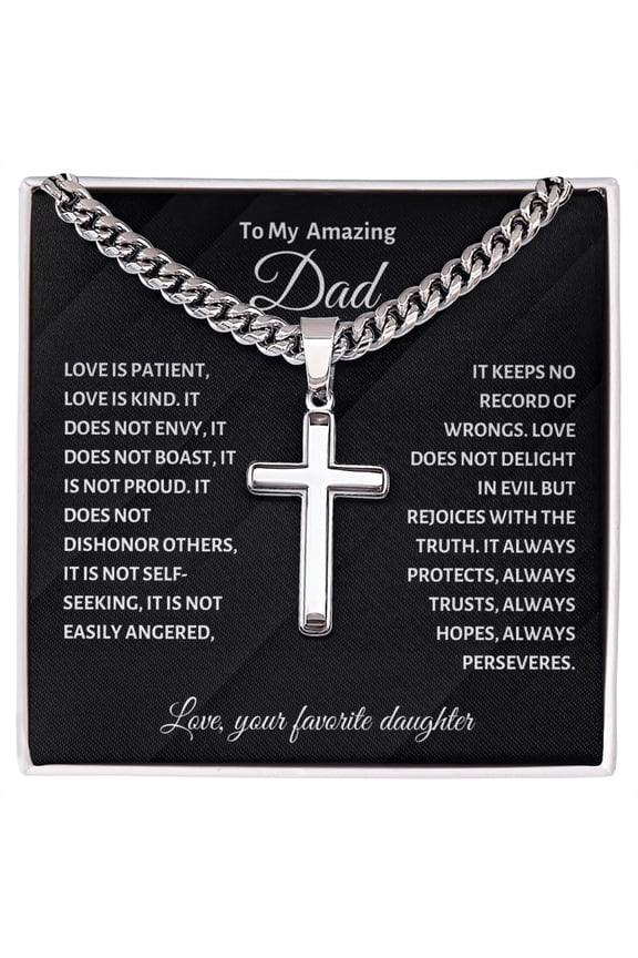 To My Amazing Dad Cross Necklace, Cuban Link Chain Gift for Dad from Favorite Daughter, Daughter to Dad Gift, Necklace with Loving Message Card and LED Box, Father's Day Gift for Men