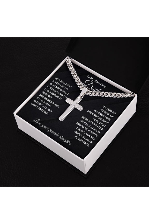 To My Amazing Dad Cross Necklace, Cuban Link Chain Gift from Favorite Daughter, Daughter to Dad Gift Necklace with Loving Message Card and Gift Box, Birthday Gift for Dad