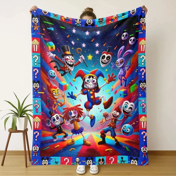 The Amazing Digital Circus Themed Flannel Blanket, Cartoon Pattern Blanket, Warm Cozy Blankets for Sofa Chairs Bed Office Home, Perfect for Cartoon Fans Suitable As A Gift