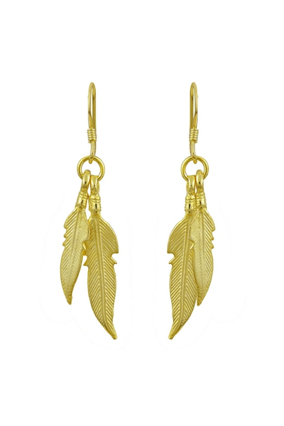 Amazing Double Feather Gold-Plated Sterling Silver Dangle Earrings