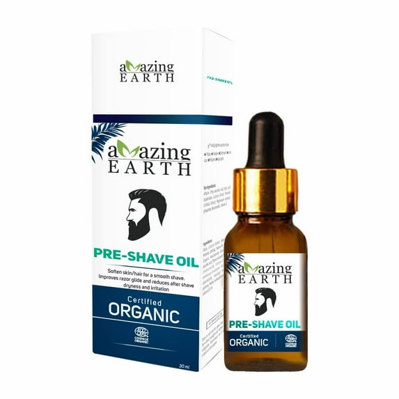 Amazing Earth Pre-Shave Oil Certified Organic, Soft Stubble, Moisturizing, Skin Protection, Dry Skin for Men 30ml