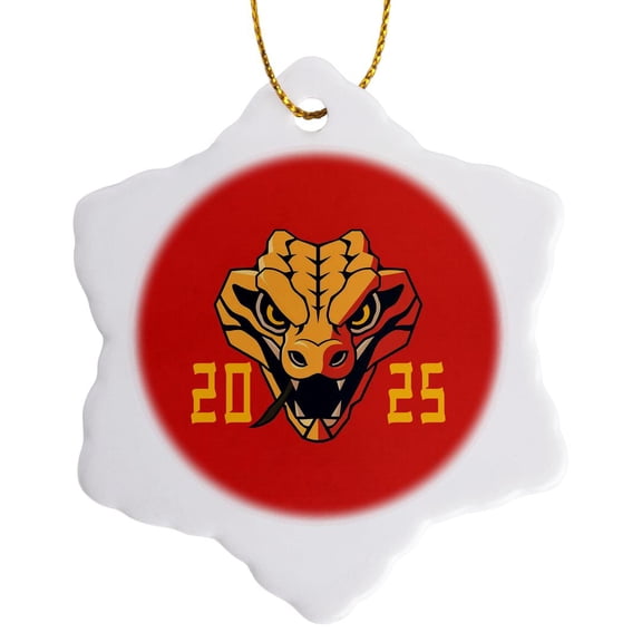 3drose, Amazing Fierce Snake Head. Chinese Zodiac 2025. Red, Yellow Gift, 3 inch Snowflake Porcelain Ornament