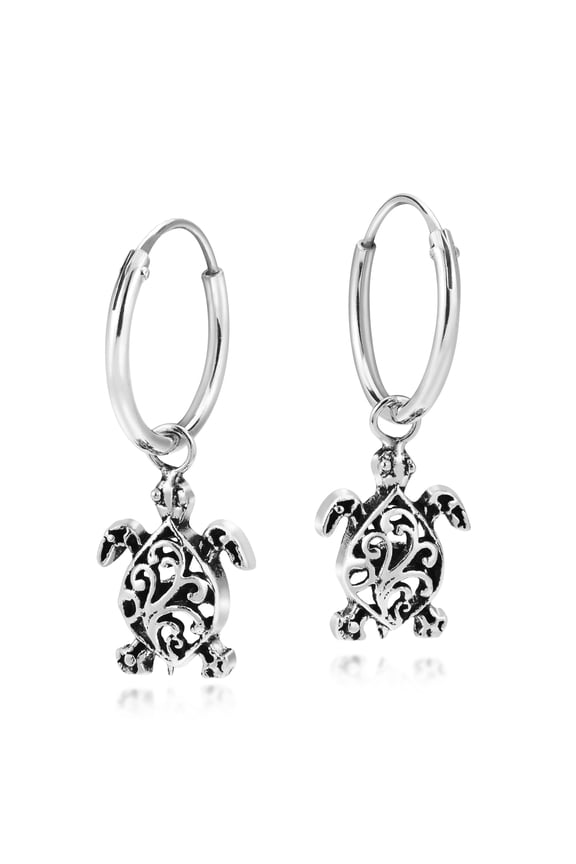 Amazing Filigree Swirls Sea Turtles Sterling Silver Dangle Hoop Earrings