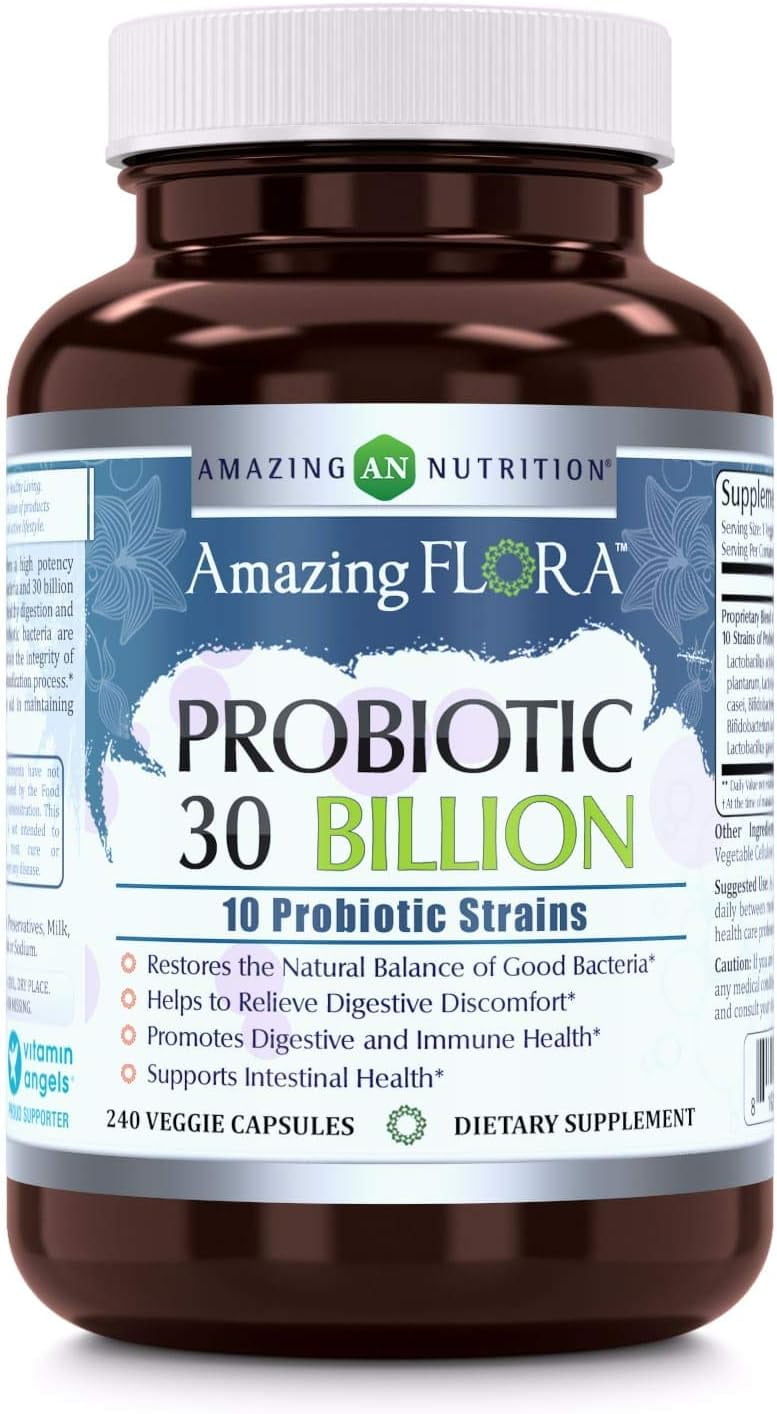 Amazing Flora Probiotic 10 Best Probiotics Strains 30 Billion 240 Veggie Capsules Supplement | Supports Better Digestive & Gut Health | Non-GMO | Gluten Free | Suitable for Vegetarians | Made in USA