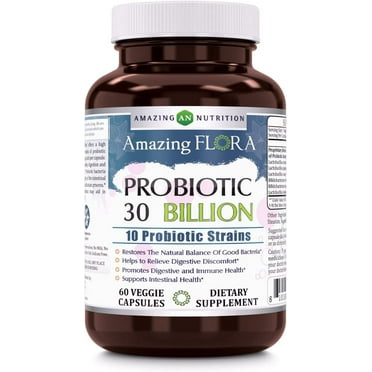 Amazing Flora Probiotic 10 Best Probiotics Strains 30 Billion 60 Veggie Capsules Supplement | Supports Better Digestive & Gut Health | Non-GMO | Gluten Free | Suitable for Vegetarians | Made in USA