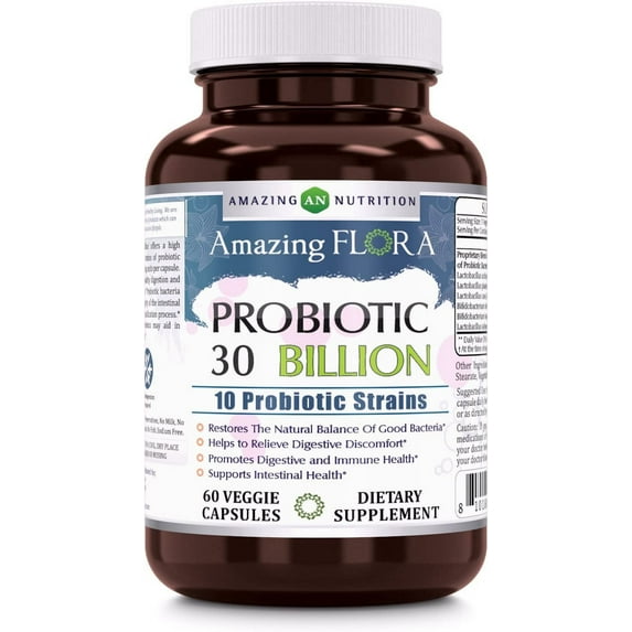 Amazing Flora Probiotic 10 Best Probiotics Strains 30 Billion 60 Veggie Capsules Supplement | Supports Better Digestive & Gut Health | Non-GMO | Gluten Free | Suitable for Vegetarians | Made in USA
