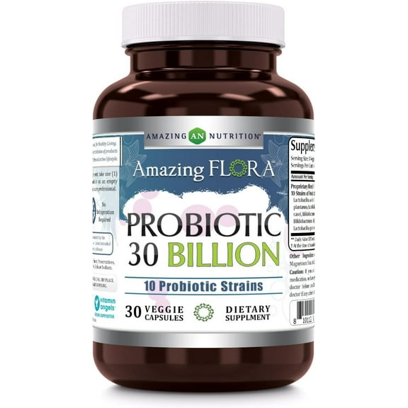 Amazing Flora Probiotic 10 Best Probiotics Strains 30 Billion 30 Veggie Capsules Supplement | Supports Better Digestive & Gut Health | Non-GMO | Gluten Free | Suitable for Vegetarians | Made in USA