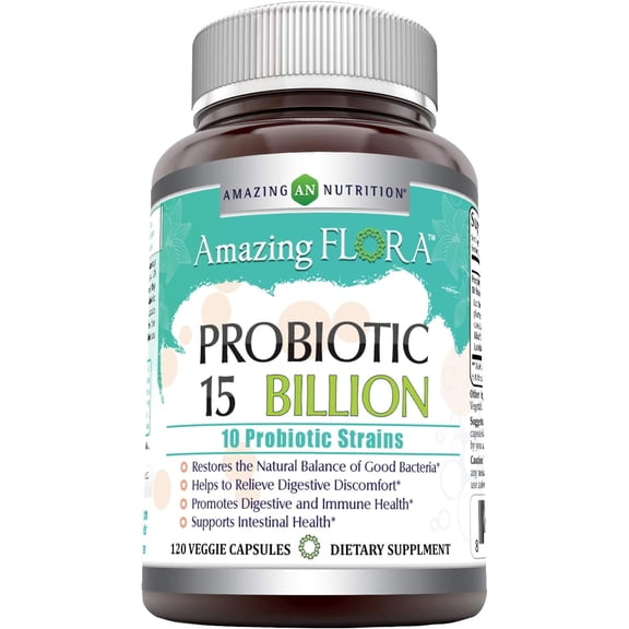 Amazing Flora Probiotic 10 Strains 15 Billions 120 Veggie Capsules Supplement | Supports Better Digestive & Gut Health | Non-GMO | Gluten-Free | Made in USA
