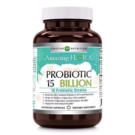 Amazing Flora Probiotic 10 Strains 15 Billions 60 Veggie Capsules | Supports Better Digestive & Gut Health | Non-GMO | Gluten Free | Made in USA