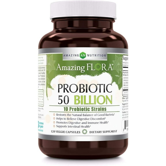 Amazing Flora Probiotic 10 Strains 50 Billion, 120 Veggie Capsules Supplement | Non-GMO | Gluten Free | Suitable for Vegetarians | Made in USA