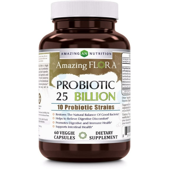 Amazing Flora Probiotic 25 Billion With 10 Best Probiotics Strains Including Acidophilus, plantarum, rhamnosus etc * Supports Digestive & Immune Health * 60 Veggie Capsules