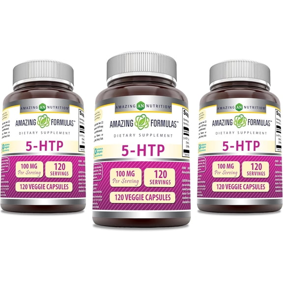 Amazing Formulas 5-HTP (Hydroxytryptophan) 100 Mg Per Serving 120 Veggie Capsules Supplement | Made from Griffonia Simplicifolia Seed Extract | Non-GMO | Gluten Free | Pack of 3