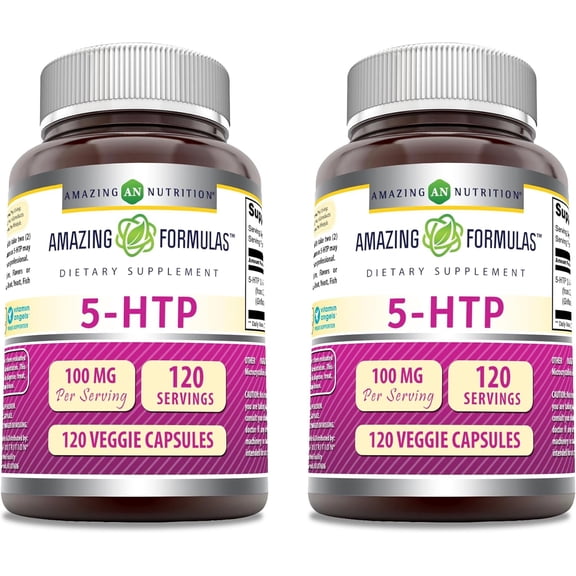 Amazing Formulas 5-HTP (Hydroxytryptophan) 100 Mg Per Serving 120 Veggie Capsules Supplement | Made from Griffonia Simplicifolia Seed Extract | Non-GMO | Gluten Free | Pack of 2