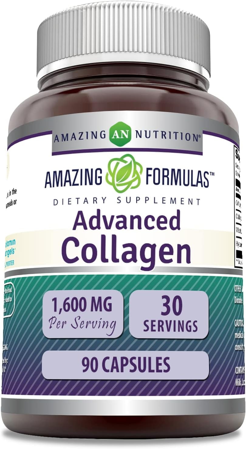 Amazing Formulas Advanced Collagen 1600 Mg Per Serving 90 Capsules Supplement | Collagen Type I, II & III, with Vitamin C & Hyaluronic Acid | Non-GMO | Gluten-Free | Made in USA