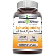 Amazing Formulas Ashwagandha Root with Black Pepper Extract 2100 mg Per Serving 120 Veggie Capsules Supplement |Extra Strength | Non-GMO | Gluten-Free