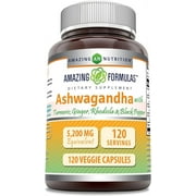 Amazing Formulas Ashwagandha with Turmeric, Ginger, Rhodiola & Black Pepper 5200 mg Per Serving | 120 Veggie Capsules Supplement | Non-GMO | Gluten Free