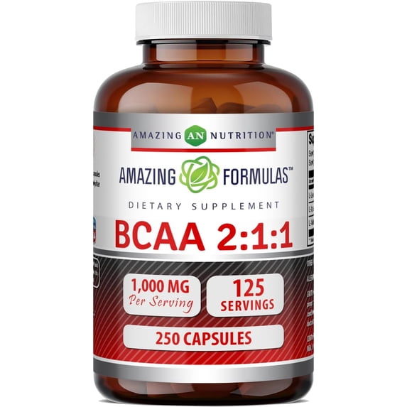 Amazing Formulas BCAA 2:1:1 1000 Mg Per Serving 250 Capsules | 125 Servings | Branched Chain Amino Acids | Post Workout Muscle Recovery Capsules for Men & Women | Made in USA
