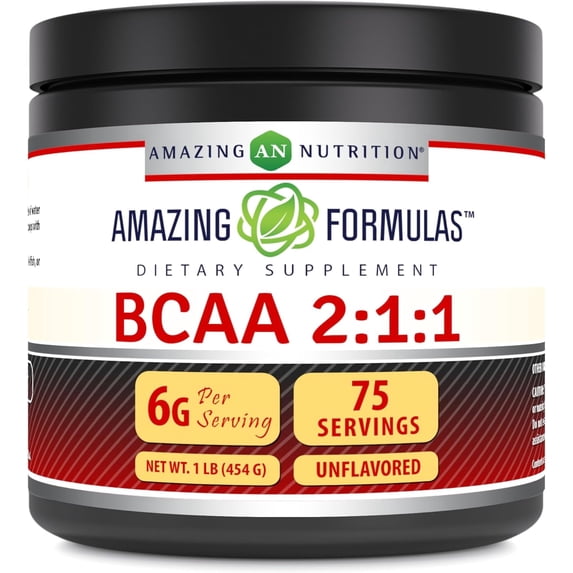 Amazing Formulas BCAA 2:1:1 6000Mg Per Serving 1Lbs(454G) Dietary Powder Supplement | Branched Chain Amino Acid Ratio| Contains L-Leucine 3000mg, L-Isoleucine 1500mg & L-Valine 1500mg