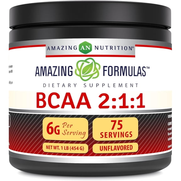Amazing Formulas BCAA 2:1:1 6000Mg Per Serving 1Lbs(454G) Dietary Powder Supplement | Branched Chain Amino Acid Ratio| Contains L-Leucine 3000mg, L-Isoleucine 1500mg & L-Valine 1500mg