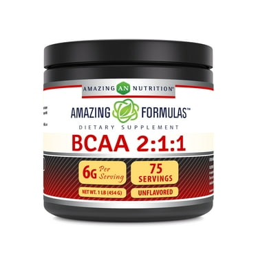 Amazing Formulas BCAA Dietary Supplement | 2:1:1 Branched Chain Amino Acid Ratio| Contains L-Leucine 3000mg, L-Isoleucine 1500mg & L-Valine 1500mg | Net Weight 1Lbs(454G) | Made in USA