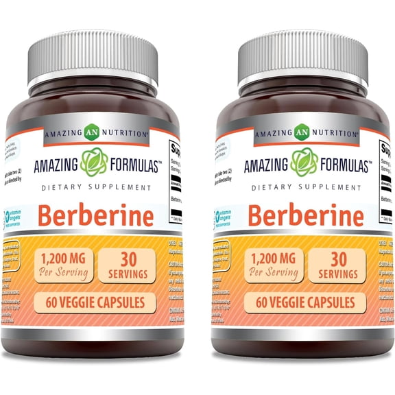 Amazing Formulas Berberine 1200 mg per Serving 120 Veggie Capsules Supplement | Non GMO | Gluten Free | Made in USA | Pack of 2