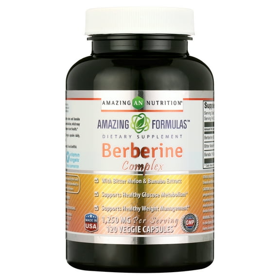 Amazing Formulas Berberine 1250 Mg Per Serving 120 Veggie Capsules | With Bitter Melon & Banaba Extract Complex | Non-GMO | Gluten-Free | Made in USA