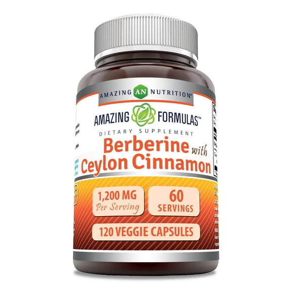 Amazing Formulas Berberine with Pure Ceylon Cinnamon 1200 Mg Per Serving 120 Veggie Capsules Supplement | Premium Complex Supplement | Non-GMO | Gluten Free | Made in USA | Ideal for Vegetarians