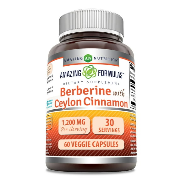 Amazing Formulas Berberine with Pure Ceylon Cinnamon 1200 Mg Per Serving 60 Veggie Capsules Supplement | Premium Complex Supplement | Non-GMO | Gluten Free | Made in USA | Ideal for Vegetarians
