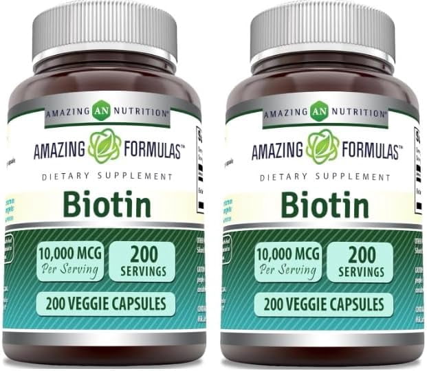 Amazing Formulas Biotin 10000mcg Per Serving 200 Veggie Capsules Supplement | Non GMO | Gluten Free | Made in USA | Suitable for Vegetarians |Pack of 2