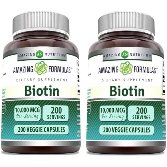 Amazing Formulas Biotin 10000mcg Per Serving 200 Veggie Capsules Supplement | Non GMO | Gluten Free | Made in USA | Suitable for Vegetarians |Pack of 2