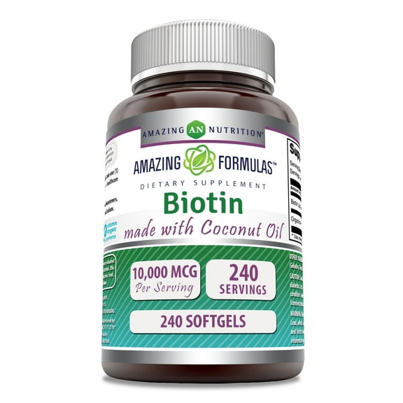 Amazing Formulas Biotin 10000mcg with Extra Virgin Natural Coconut Oil 240 Softgels | Non-GMO | Gluten Free | Made in USA
