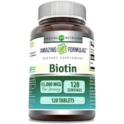Amazing Formulas Biotin 15000 Mcg Per Serving 120 Tablets Supplement | Vitamin B7 | Non-GMO | Gluten Free | Made in USA