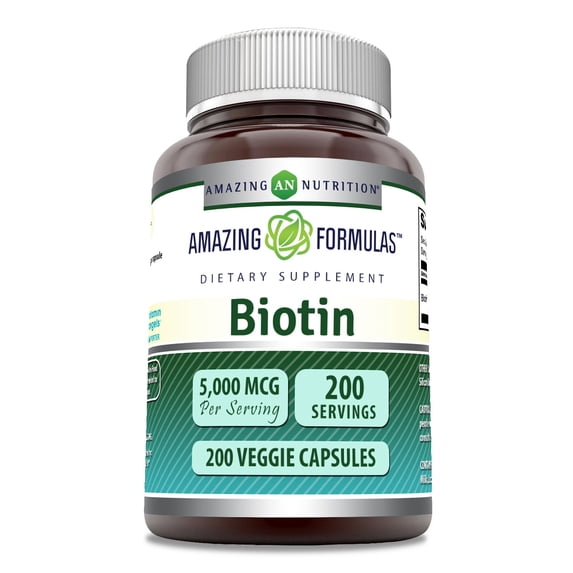 Amazing Formulas Biotin 5000 Mcg Per Serving 200 Veggie Capsules Supplement | Vitamin B7 Supplement | Non-GMO | Gluten Free | Ideal for Vegetarians