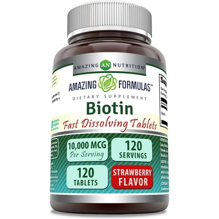Amazing Formulas Biotin Fast Dissolve 10000 Mcg 120 Tablets Supplement | Strawberry Flavor | Vitamin B7 | Non-GMO | Gluten Free | Made in USA