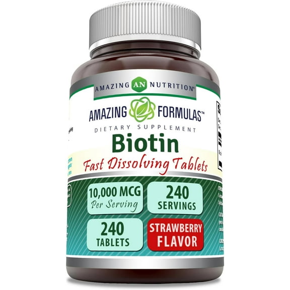 Amazing Formulas Biotin Fast Dissolve Tablets 10,000 mcg Per Serving 240 Tablets Supplement | Strawberry Flavor | Non-GMO | Gluten Free Supplement | Made in USA