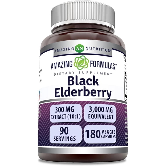 Amazing Formulas Black Elderberry 3000Mg Per Serving 180 Veggie Capsules Supplement | Non-GMO | Gluten Free| Suitable for Vegetarians