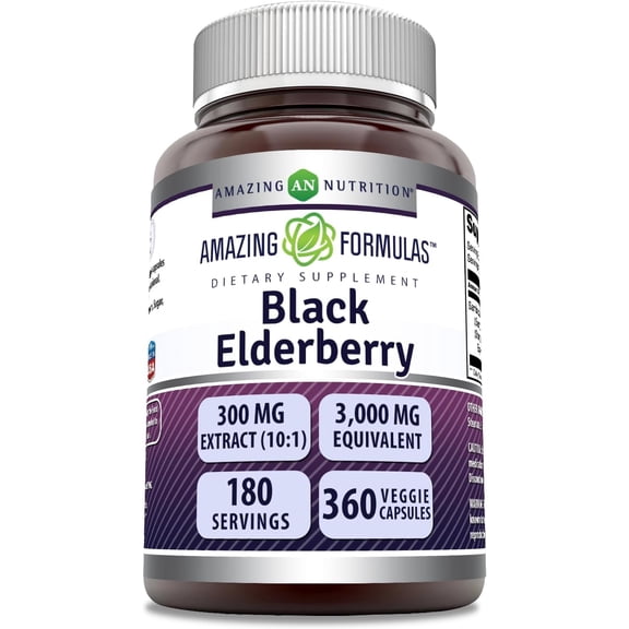 Amazing Formulas Black Elderberry 3000Mg Per Serving 360 Veggie Capsules Supplement | Non-GMO | Gluten Free| Suitable for Vegetarians