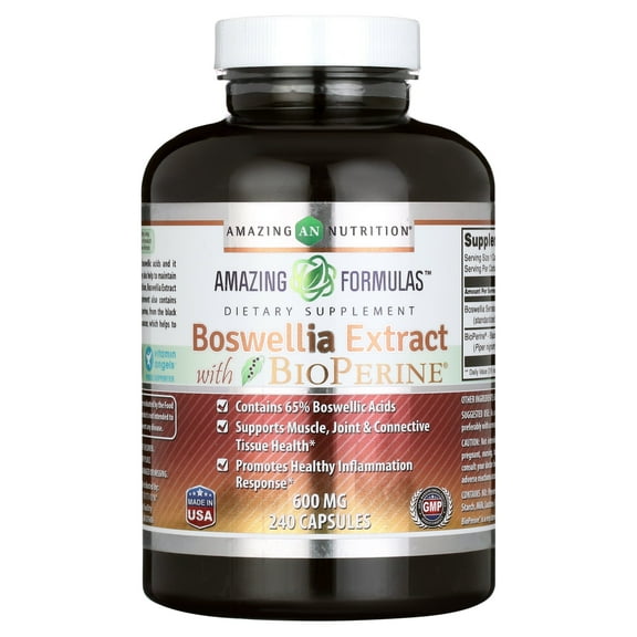 Amazing Formulas Boswellia Extract with Bioperine- 600mg (Standardized to 65% Boswellic Acids), Capsules - Contains 65% Boswellic Acids, Supports Muscle, Joint & Connective Tissue Health (240 Count)