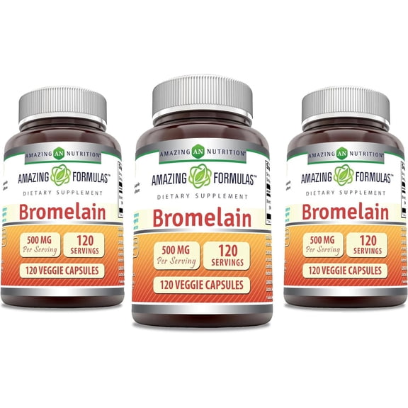 Amazing Formulas Bromelain 500 Mg (2400 GDU) Per Serving 120 Veggie Capsules Supplement | Non-GMO | Gluten Free | Made in USA | Ideal for Vegetarians | Pack of 3