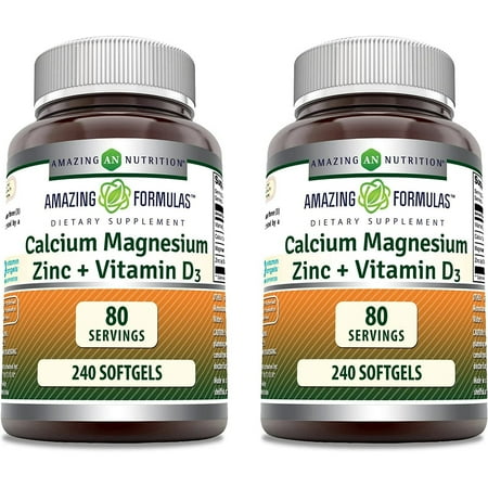 Amazing Formulas Calcium Magnesium Zinc + Vitamin D3 240 Softgels Supplement | Calcium 1000mg - Magnesium 500mg - Zinc 10mg Plus Vitamin D3 750 IU | Non-GMO | Gluten-Free | Pack of 2