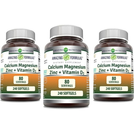 Amazing Formulas Calcium Magnesium Zinc + Vitamin D3 240 Softgels Supplement | Calcium 1000mg - Magnesium 500mg - Zinc 10mg Plus Vitamin D3 750 IU | Non-GMO | Gluten-Free | Pack of 3