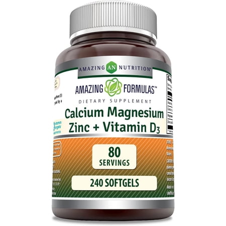 Amazing Formulas Calcium Magnesium Zinc + Vitamin D3 240 Softgels Supplement | Calcium 1000mg - Magnesium 500mg - Zinc 10mg Plus Vitamin D3 750 IU | Non-GMO | Gluten-Free