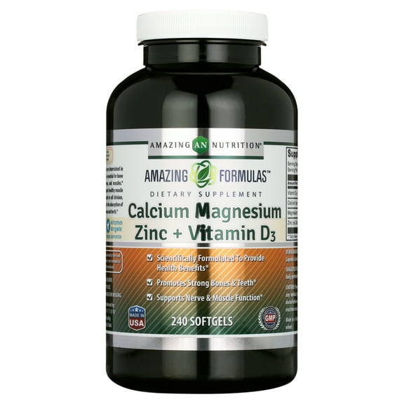Amazing Formulas Calcium Magnesium Zinc + Vitamin D3 240 Softgels Supplement | Calcium 1000mg - Magnesium 500mg - Zinc 10mg Plus Vitamin D3 750 IU | Non-GMO | Gluten-Free | Made in USA