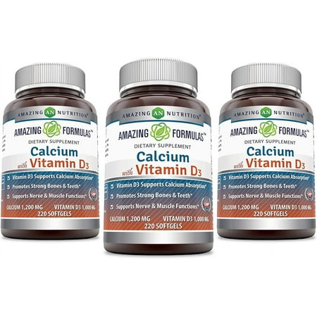Amazing Formulas Calcium with Vitamin D3 220 Softgels Supplement | Calcium 1200 Mg & Vitamin D3 800 IU | Non-GMO | Gluten-Free | Pack of 3