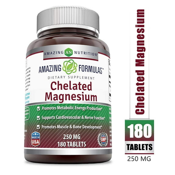 Amazing Formulas Chelated Magnesium 250mg Per Serving 180 Tablets Supplement | Non-GMO | Gluten Free | Made in USA