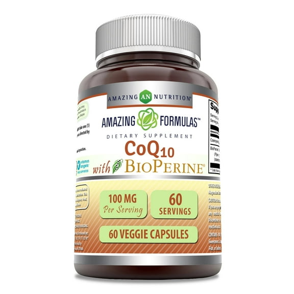 Amazing Formulas CoQ10 with Bioperine 100mg 60 Veggie Capsules | With 100mg of CoQ10 & 5Mg Bioperine | Non-GMO | Gluten Free | Made in USA