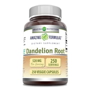 Amazing Formulas Dandelion Root Taraxacum Officinale 520 Mg Per Serving 250 Veggie Capsules Supplement | Non-GMO | Gluten-Free | Ideal for Vegetarians